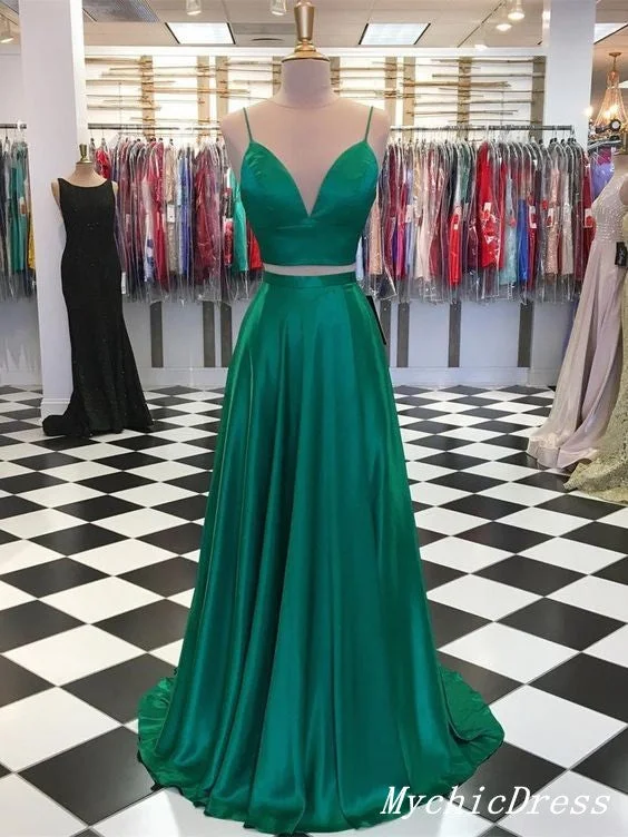 Real Two Piece Emerald Green Prom Dresses UK Simple Evening Dresses