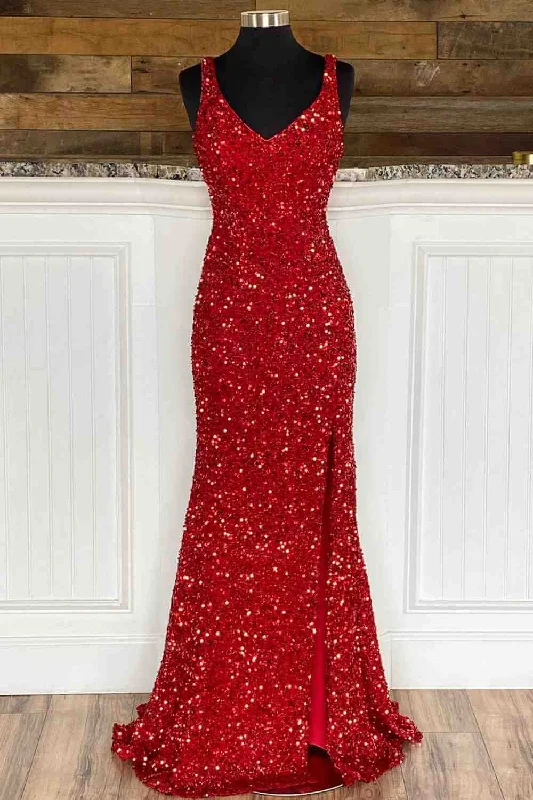 2025 Red Mermaid Cheap Long Prom Gowns Side Slit V-Neck Formal Evening Dress