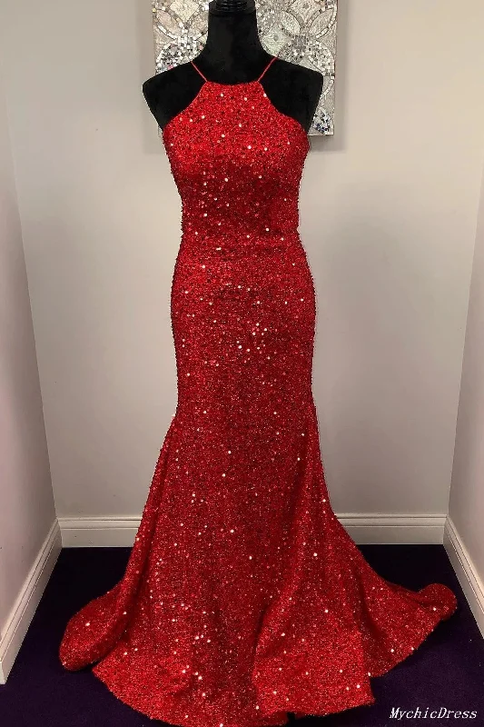 Red Prom Dresses Sequin Halter Long Sleeveless Mermaid Evening Dress