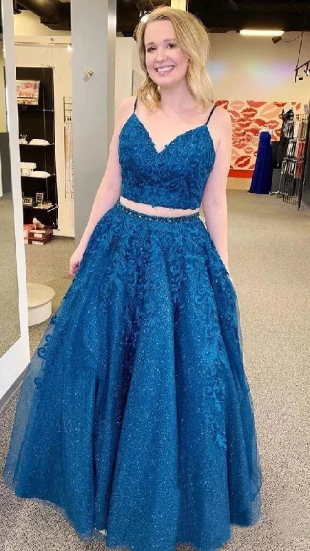 Sexy Blue 2 piece Prom Dresses Lace Sequin V Neck Formal Evening Dress