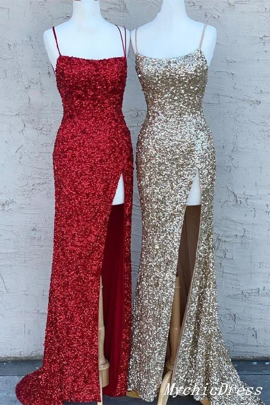 Simple Mermaid Sequin Long Evening Dresses Spaghetti Straps with Split