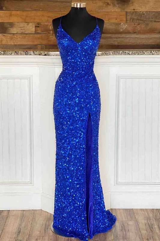 Simple Royal Blue Glitters Prom Dresses Long High Slit Party Formal Dress Lace-Up