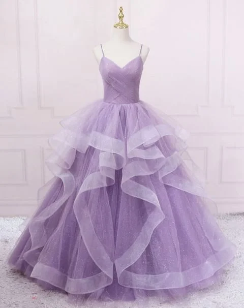 Sparkly Purple Evening Dresses Spaghetti Straps A Line Tulle Prom Dresses