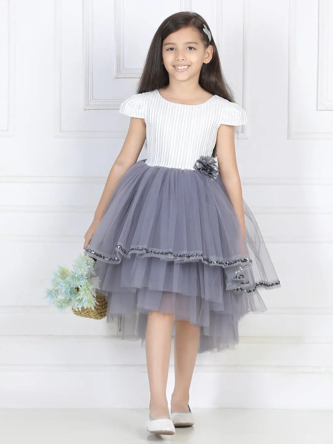 Toy Balloon Kids Grey High-Low Girls Party Wear Dress