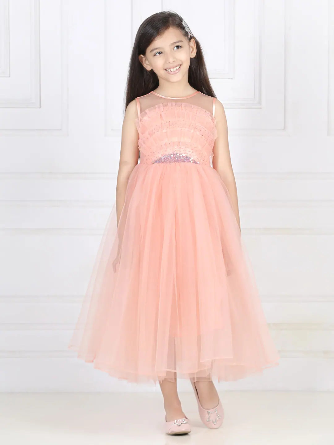 Toy Balloon Kids Light Peach Full Length Girls Party Wear Gown