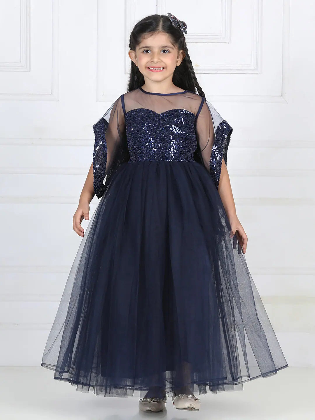 Toy Balloon Kids Navy Blue Full Length Girls Party Wear Gown-TBFB22-130NB_12Y