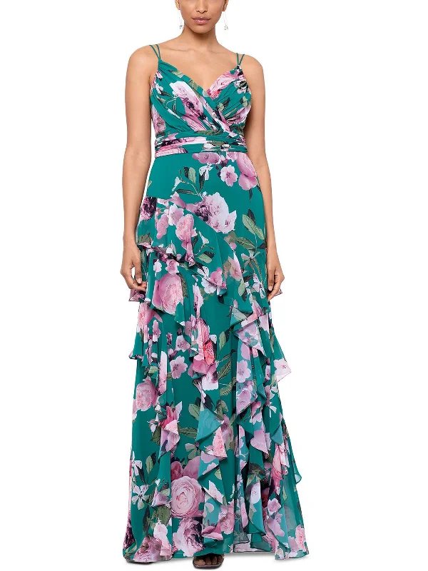 Womens Floral Tiered Evening Dress