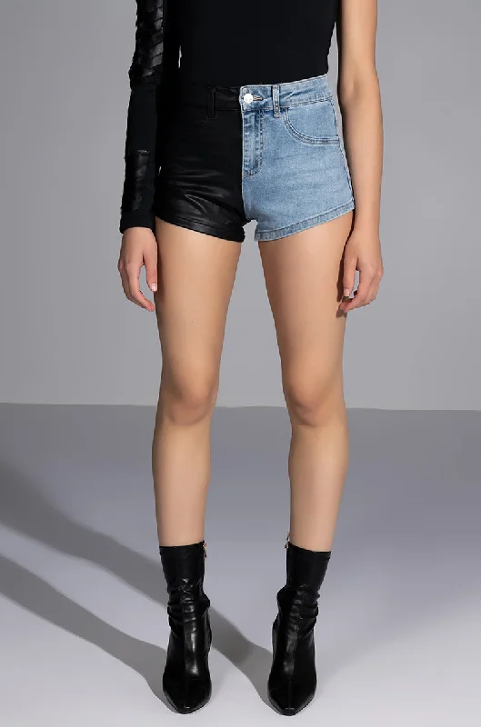 FLEX FIT EXTREME STRETCH FAUX LEATHER AND DENIM SHORTS