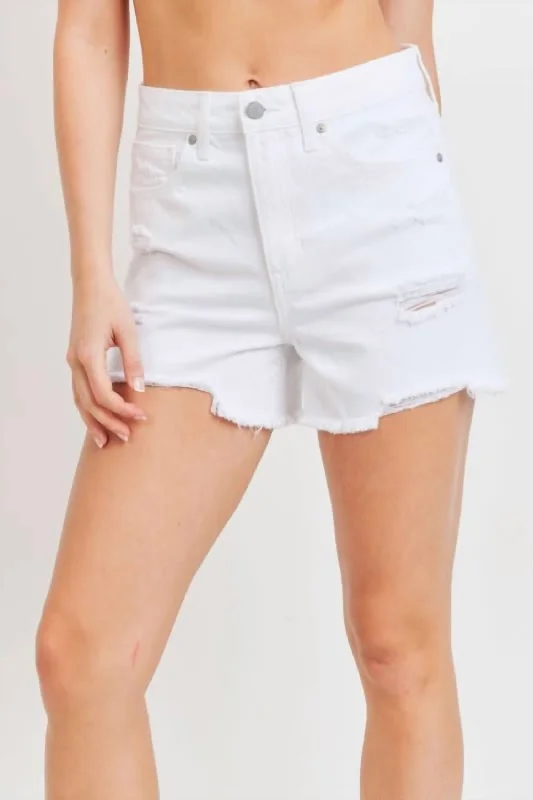 High Rise Distressed Denim Short In White