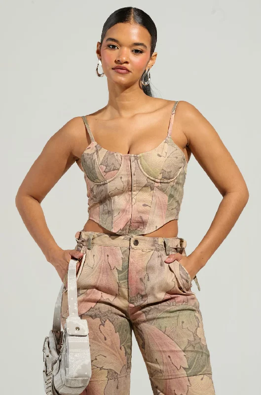 SEASONAL AWAKENING PRINTED DENIM CORSET